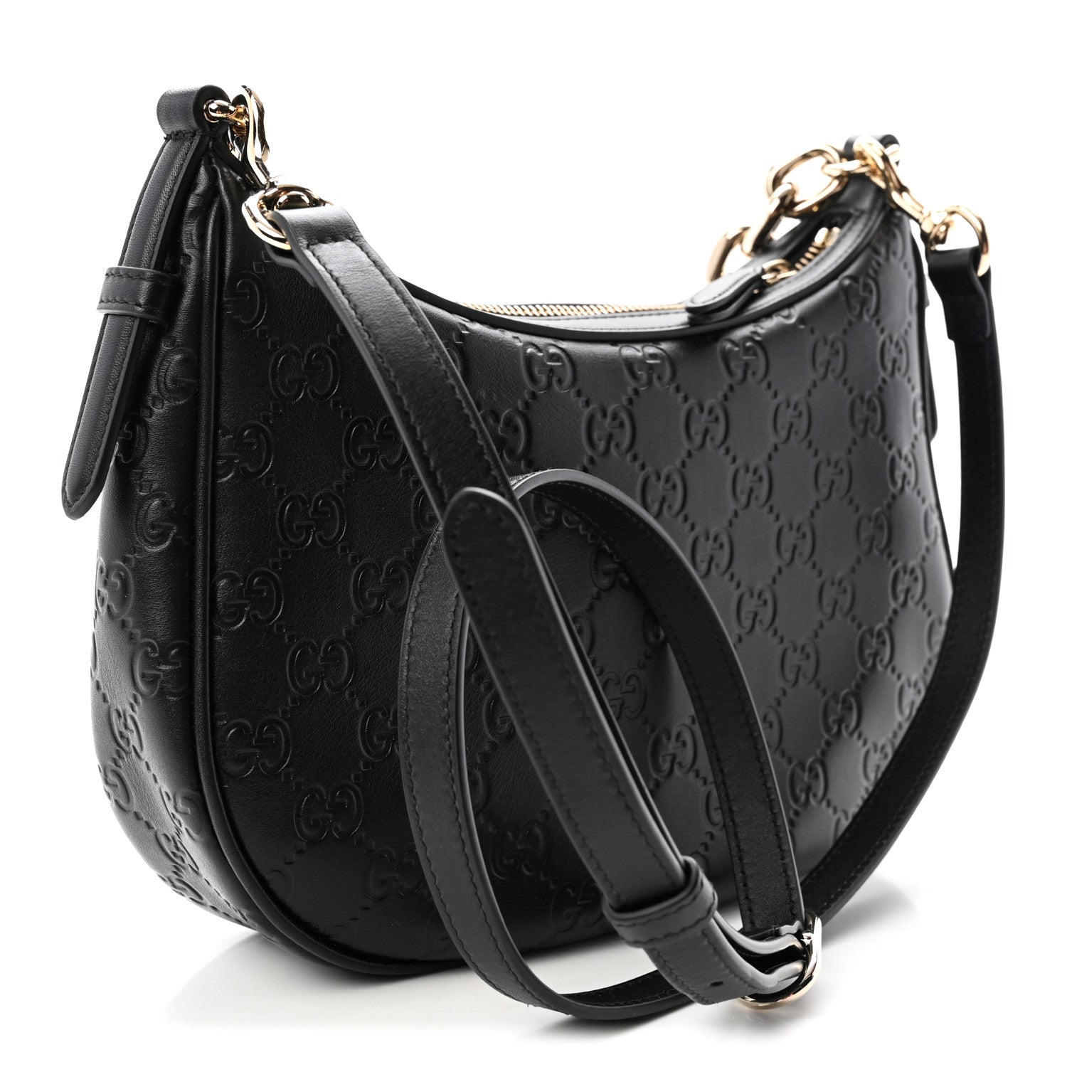 Gucci GG Calfskin Embossed Emblem Medium Half Moon Shoulder Bag Black 3 of 10
