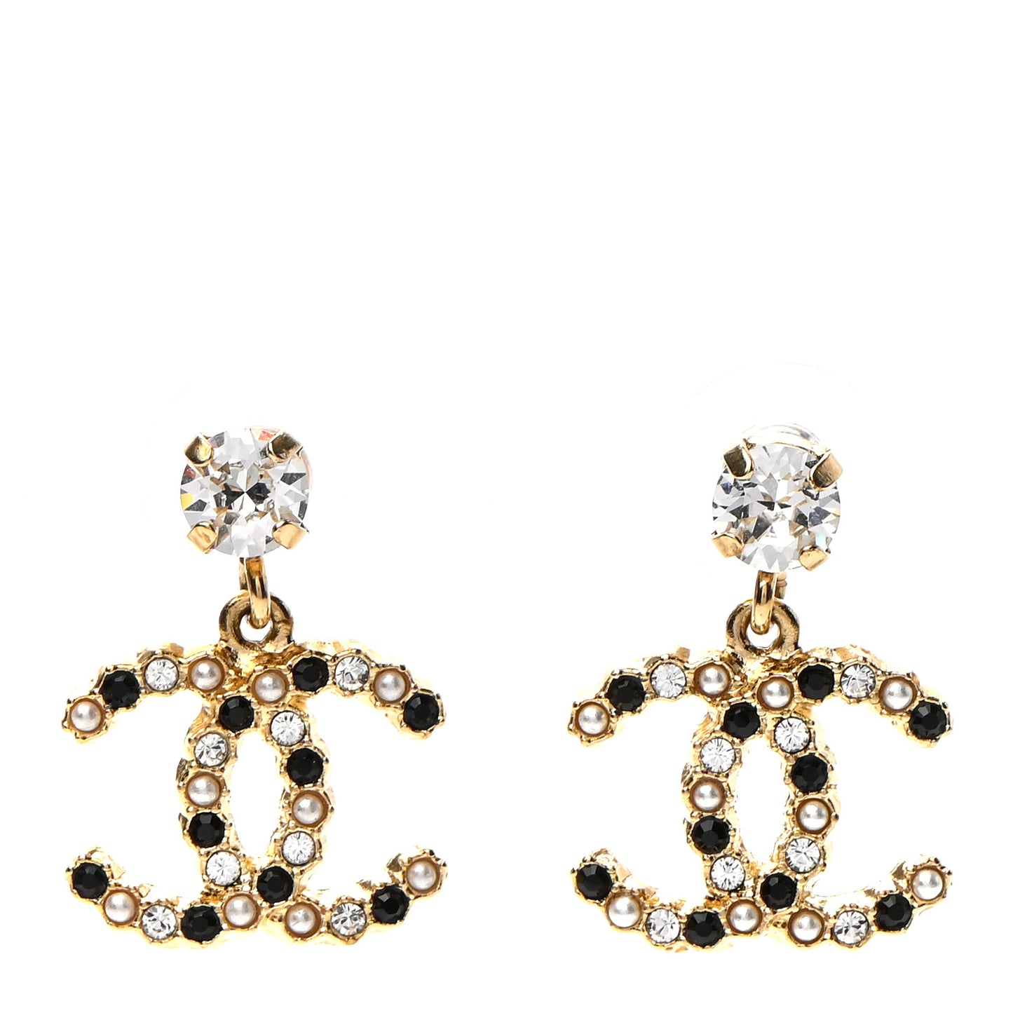 Resin Crystal Pearl CC Drop Earrings Gold Black
