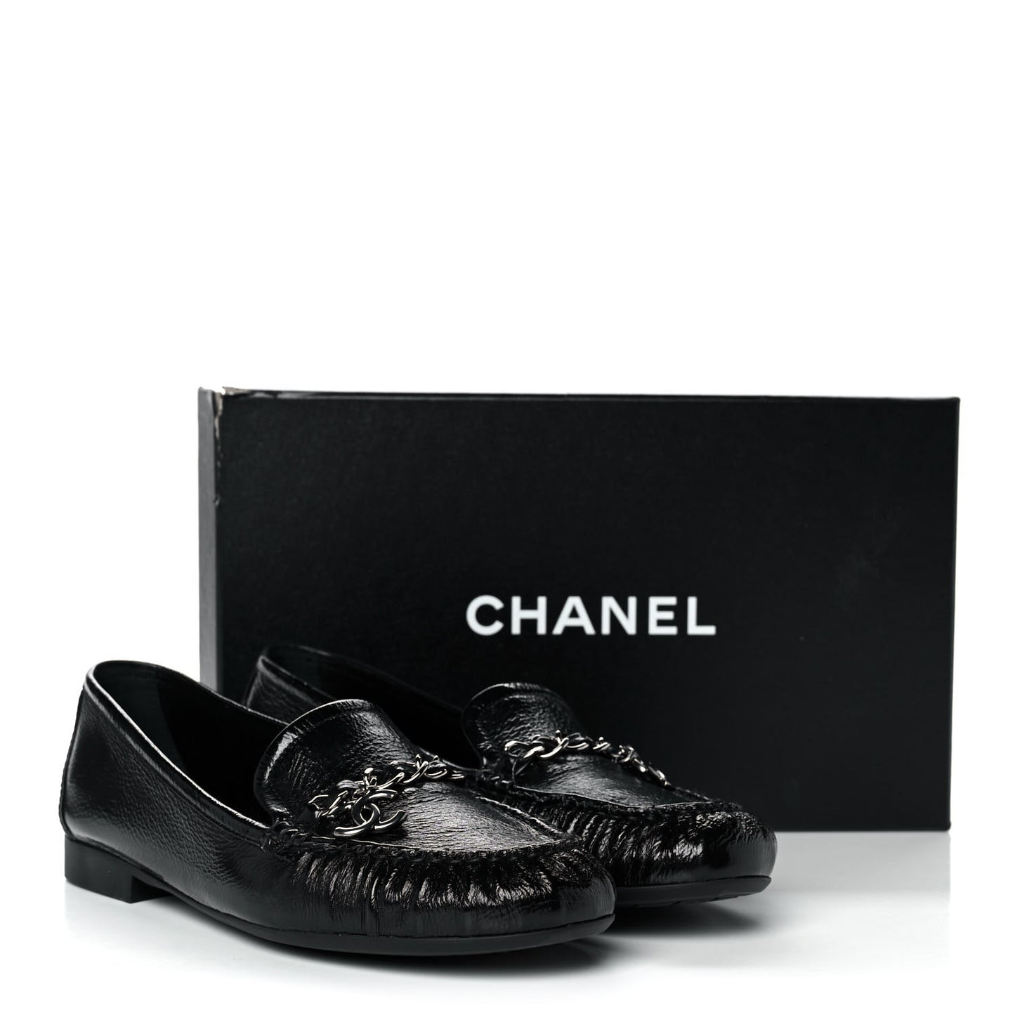 Crackled Patent Calfskin CC Mocassin Loafers 38.5 Black