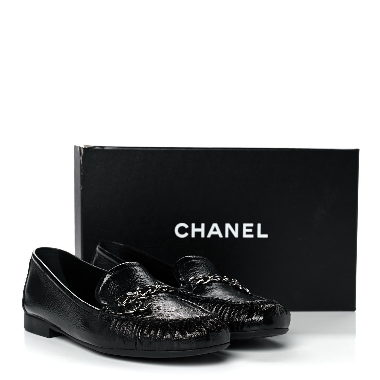 Chanel Crackled Patent Calfskin CC Mocassin Loafers 38.5 Black 9 of 9