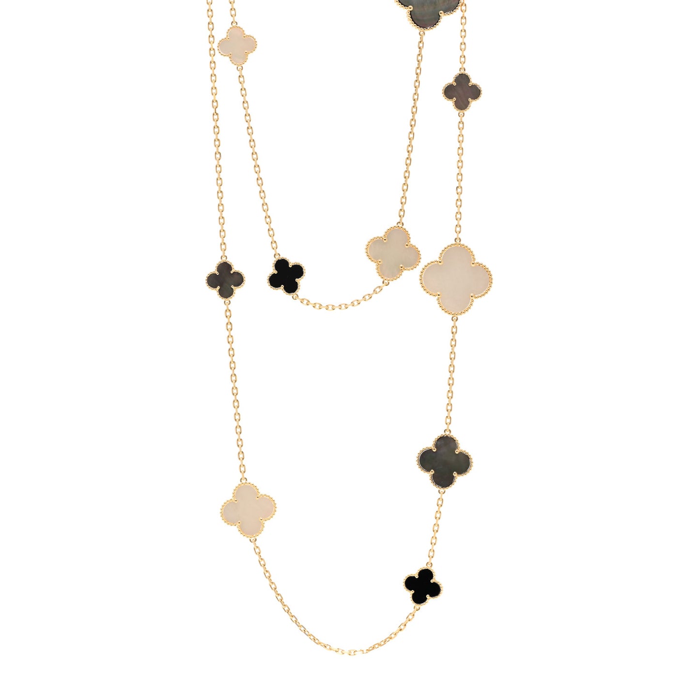 18K Yellow Gold Onyx Mother of Pearl 16 Motifs Magic Alhambra Necklace