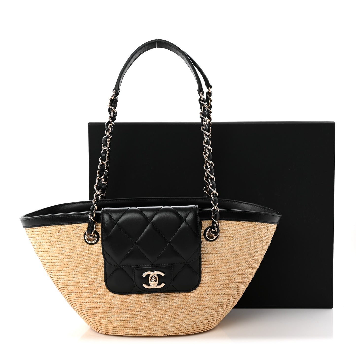 Raffia Braided Lambskin Small Shopping Tote Beige Black