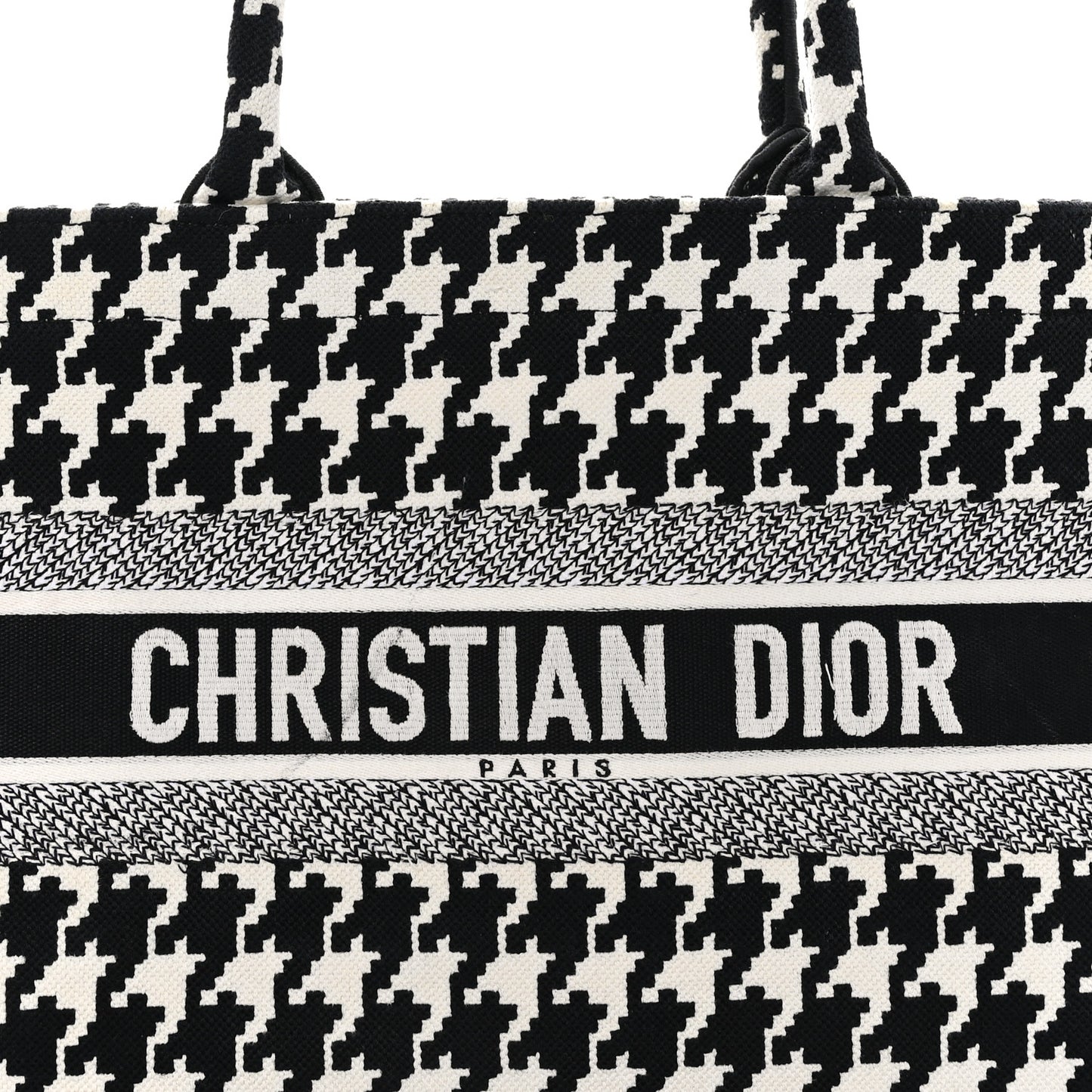 CHRISTIAN DIOR Canvas Macro Houndstooth Embroidered Medium Book Tote Black White