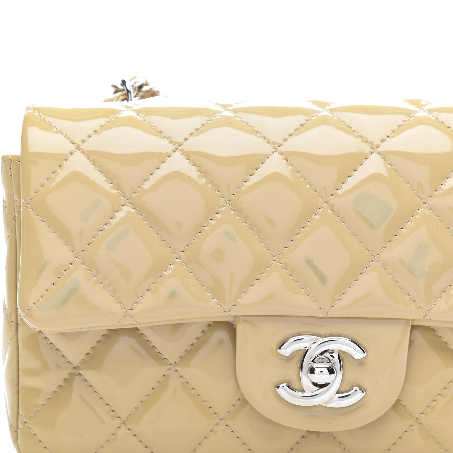 Patent Calfskin Quilted Mini Rectangular Flap Beige