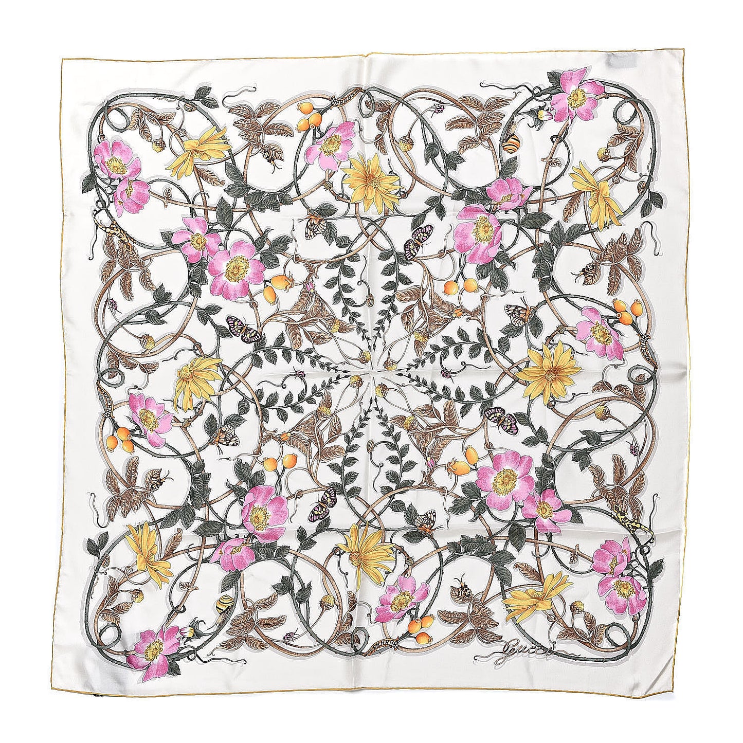 Silk Twill Flowerwebby Square Scarf White