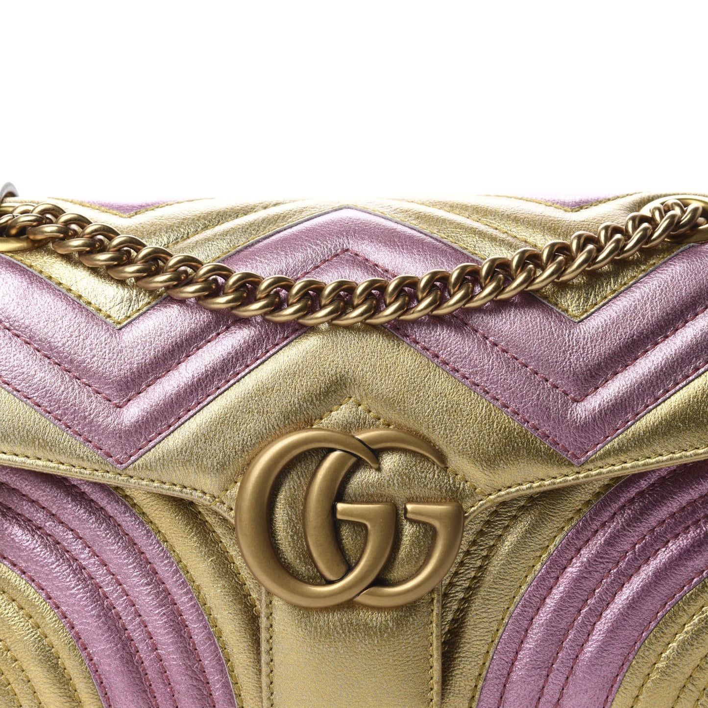 Metallic Calfskin Matelasse Small GG Marmont Shoulder Bag Gold Pink