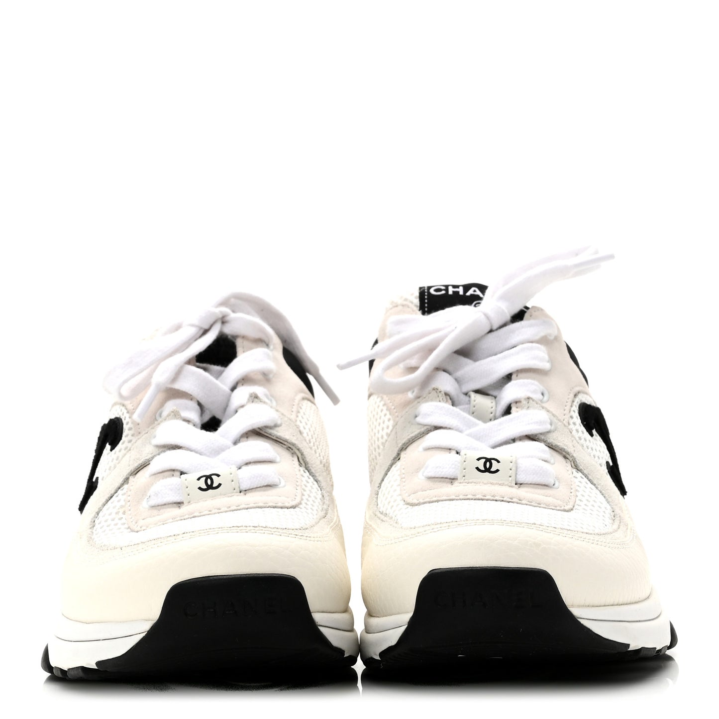 Mesh Suede Calfskin Grained Calfskin Womens CC Sneakers 38.5 White Black