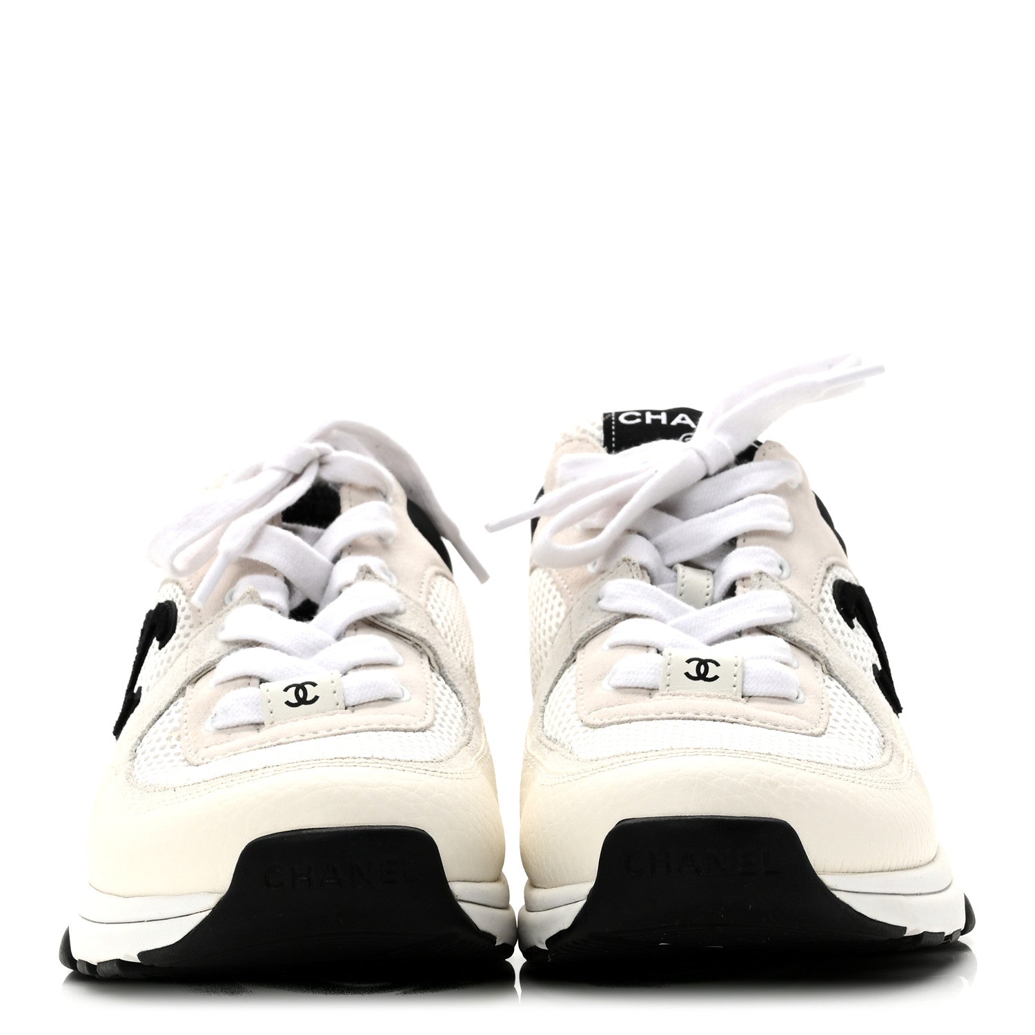 Chanel Mesh Suede Calfskin Grained Calfskin Womens CC Sneakers 38.5 White Black 3 of 9