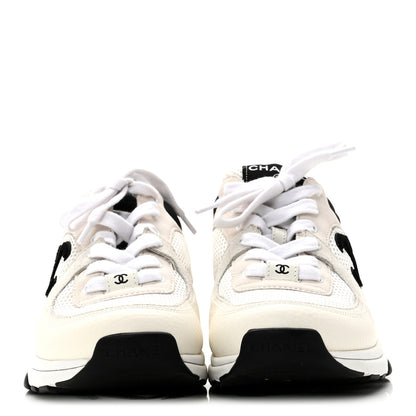 Chanel Mesh Suede Calfskin Grained Calfskin Womens CC Sneakers 38.5 White Black 3 of 9