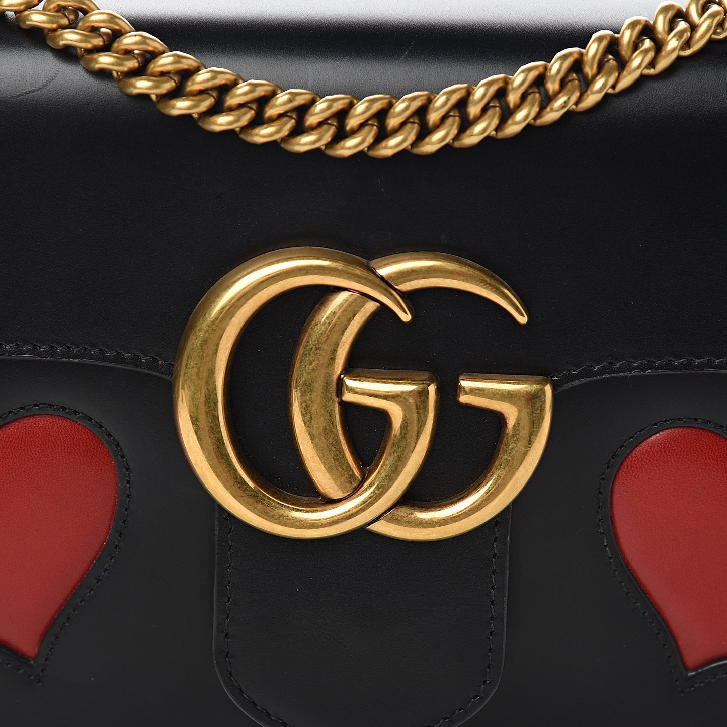 Knight Calfskin Malaga Kid Heart Medium GG Marmont Chain Handle Bag Black Hibiscus Red Multicolor