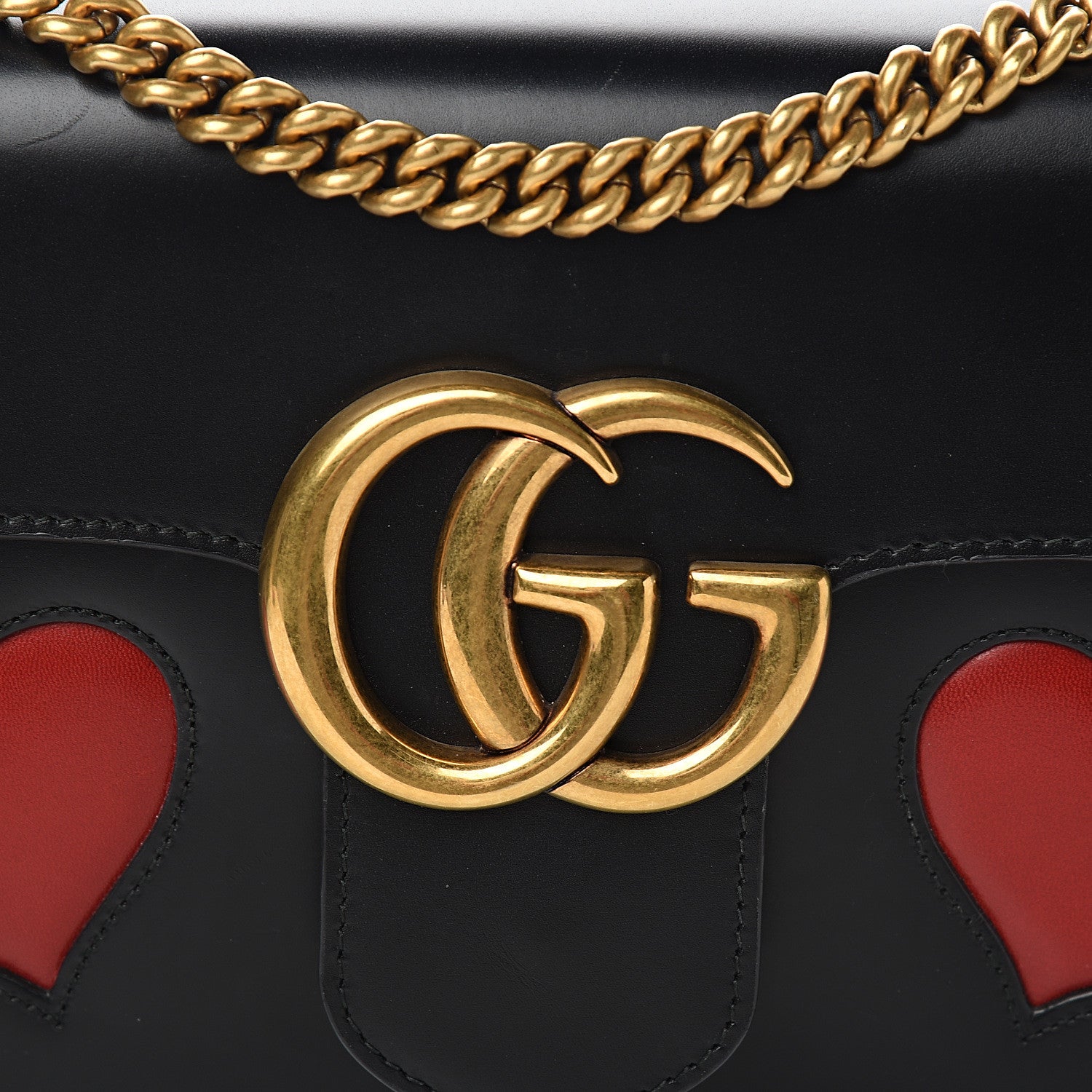 Gucci Knight Calfskin Malaga Kid Heart Medium GG Marmont Chain Handle Bag Black Hibiscus Red Multicolor 12 of 12