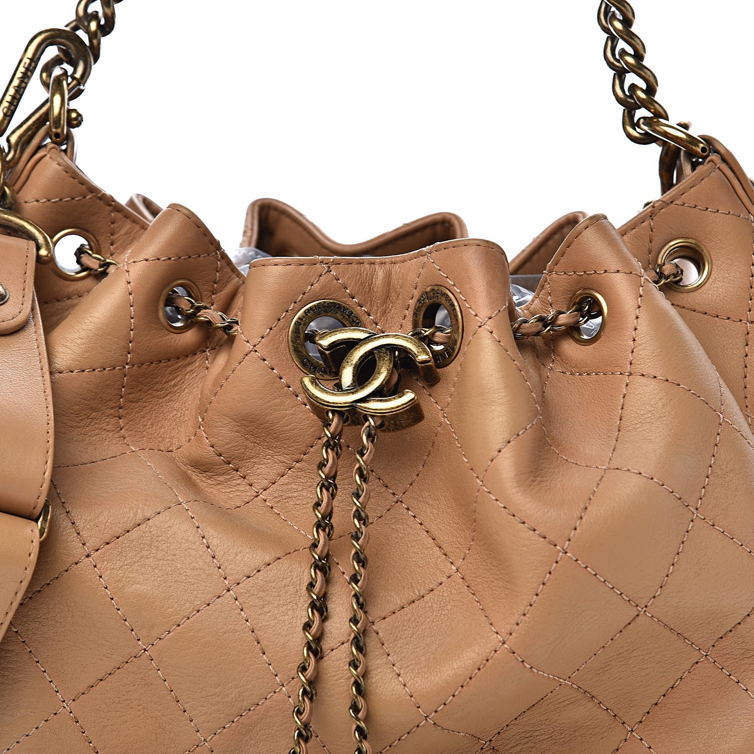 Chanel Calfskin Stitched Medium Drawstring CC Bag Beige 11 of 11