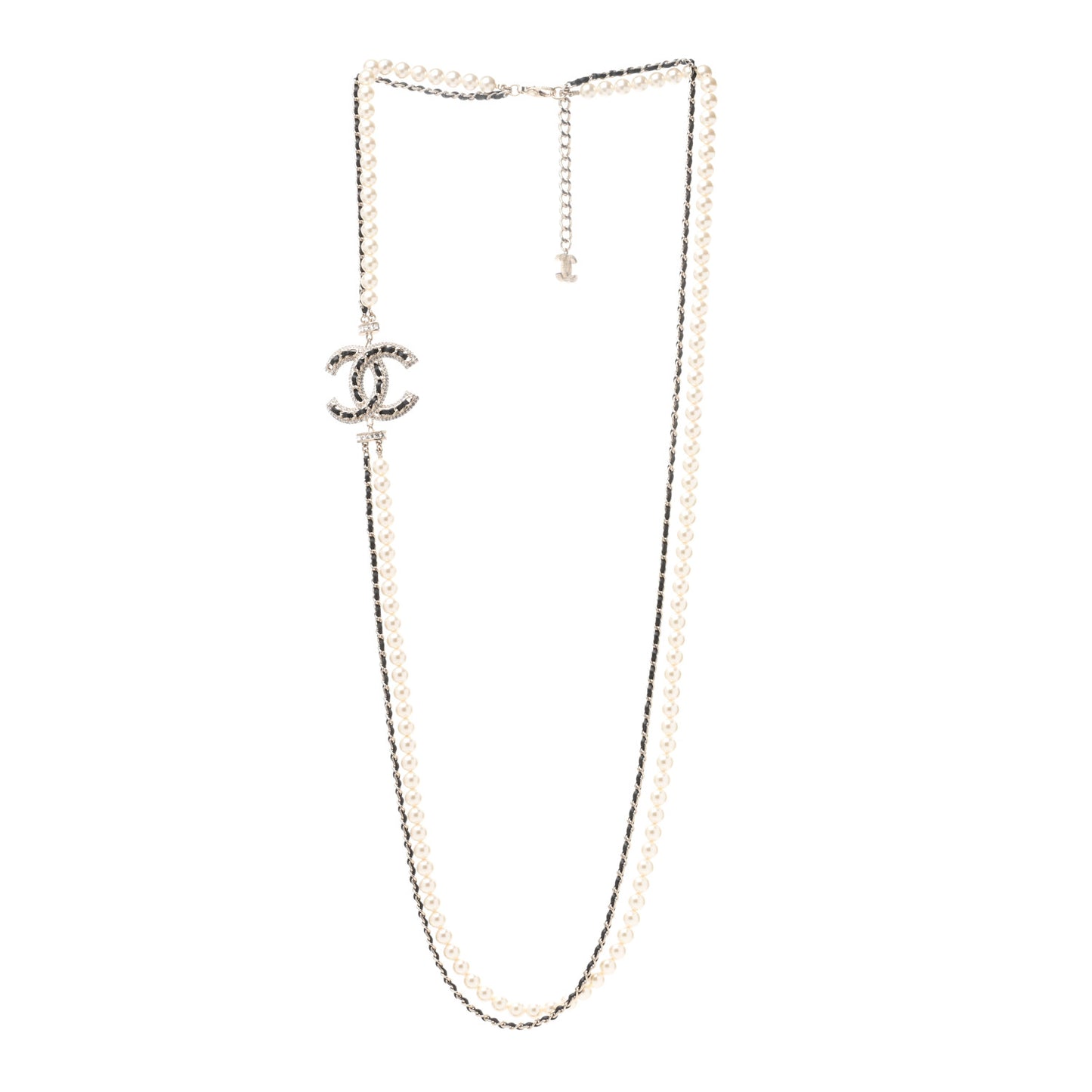 Pearl Beaded CC Multi Strand Long Necklace Black Gold