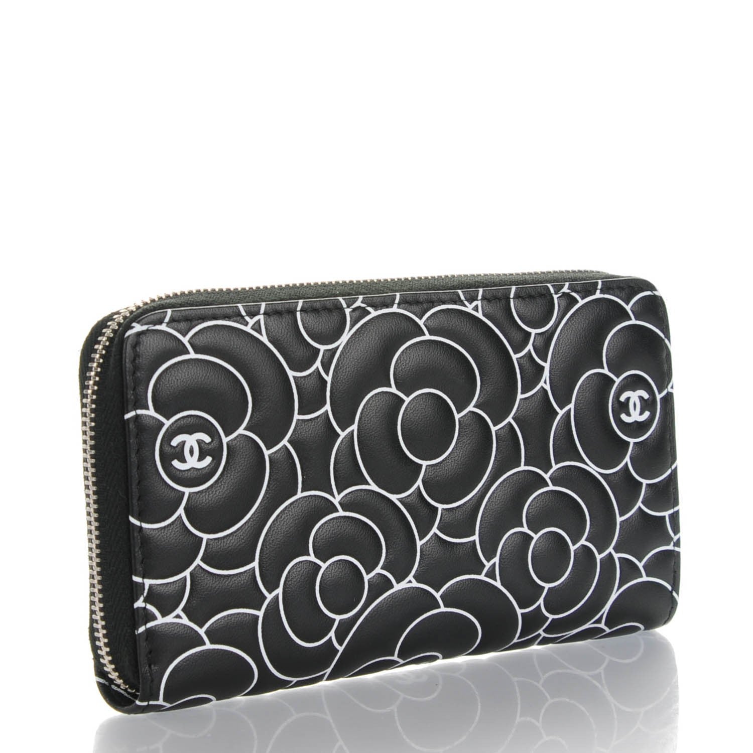 Chanel Lambskin Camellia Embossed Zip Around Wallet Black 3 of 8