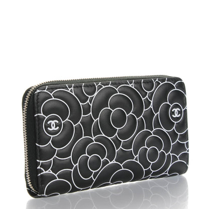 Chanel Lambskin Camellia Embossed Zip Around Wallet Black 3 of 8