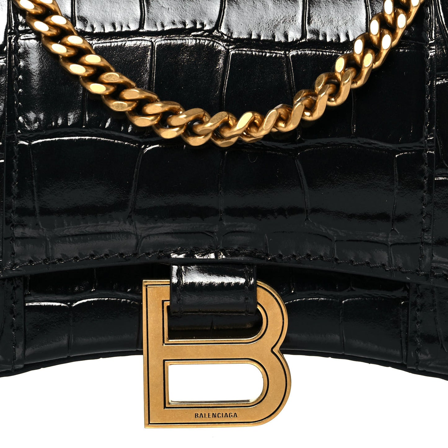 Shiny Calfskin Crocodile Embossed Hourglass Chain Bag Black