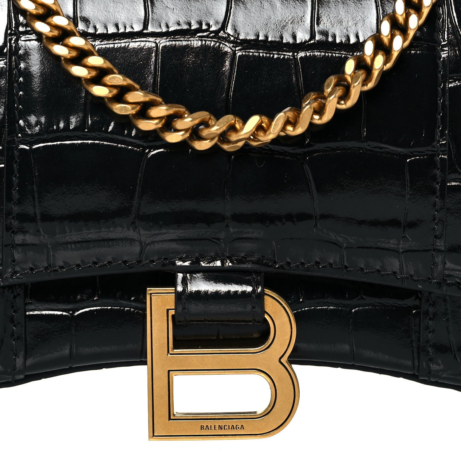 Balenciaga Shiny Calfskin Crocodile Embossed Hourglass Chain Bag Black 5 of 11