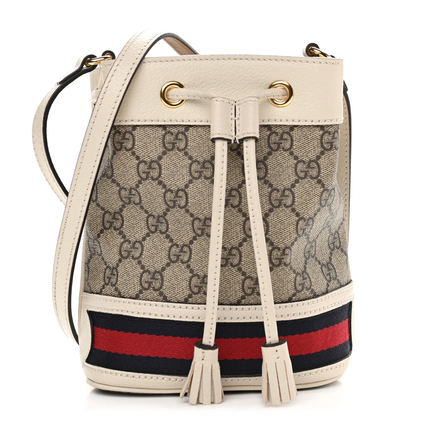 Gucci GG Supreme Monogram Textured Calfskin Web Mini Ophidia Bucket Bag Beige Ebony Mystic White 1 of 11