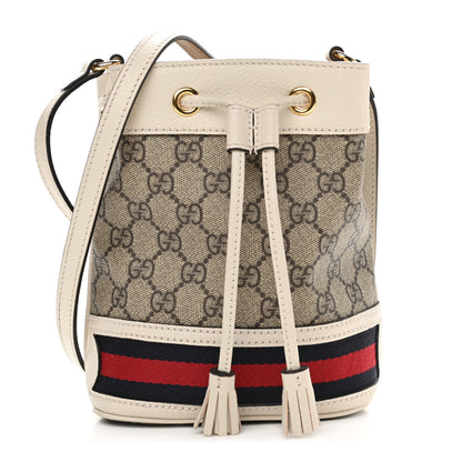 Gucci GG Supreme Monogram Textured Calfskin Web Mini Ophidia Bucket Bag Beige Ebony Mystic White 1 of 11