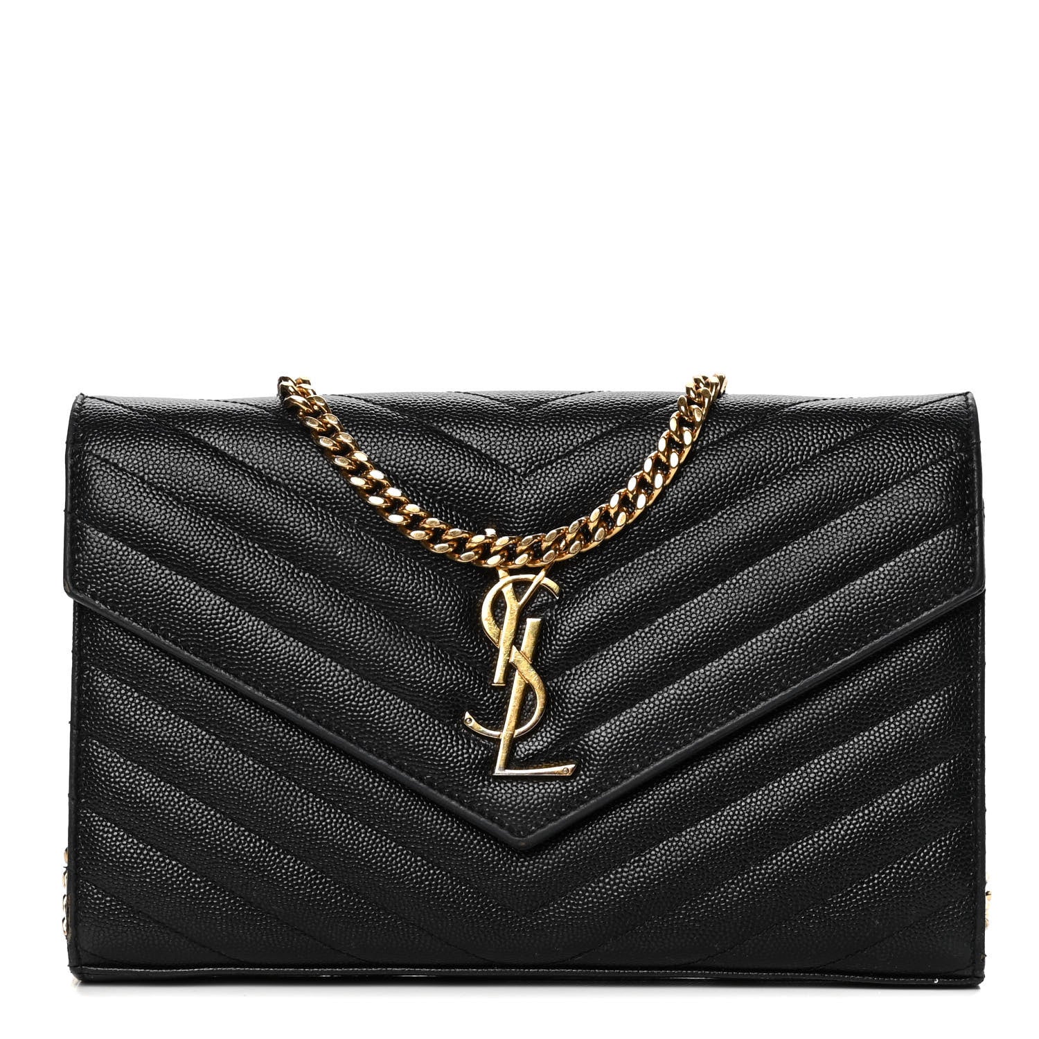 Saint Laurent Grain De Poudre Matelasse Chevron Monogram Chain Wallet Black 1 of 11