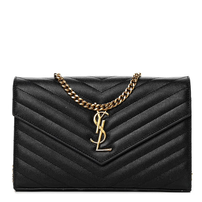 Saint Laurent Grain De Poudre Matelasse Chevron Monogram Chain Wallet Black 1 of 11