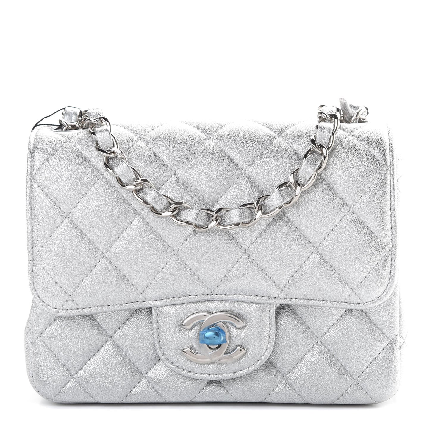 Metallic Lambskin Quilted Mini Square Flap Silver