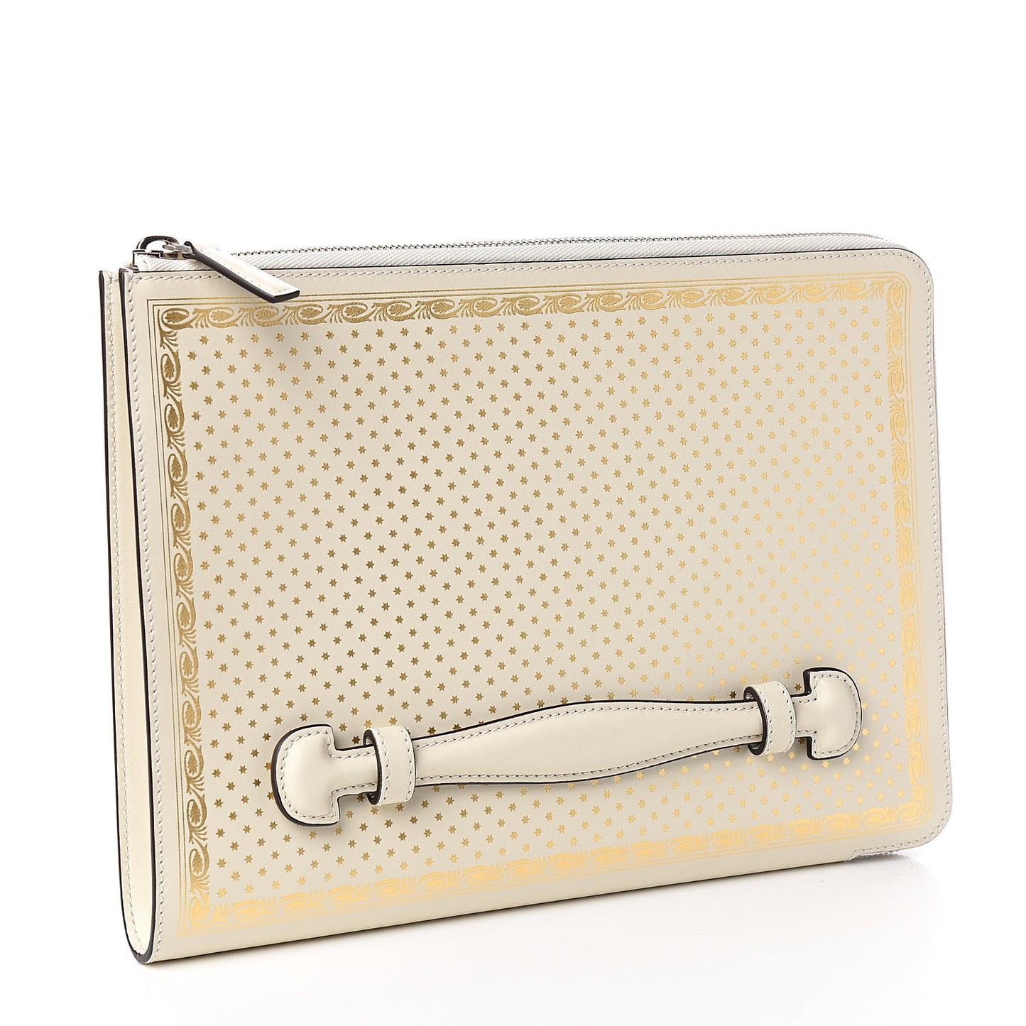 X SEGA Calfskin GUCCY Stars Zip Clutch Bag Mystic White Gold