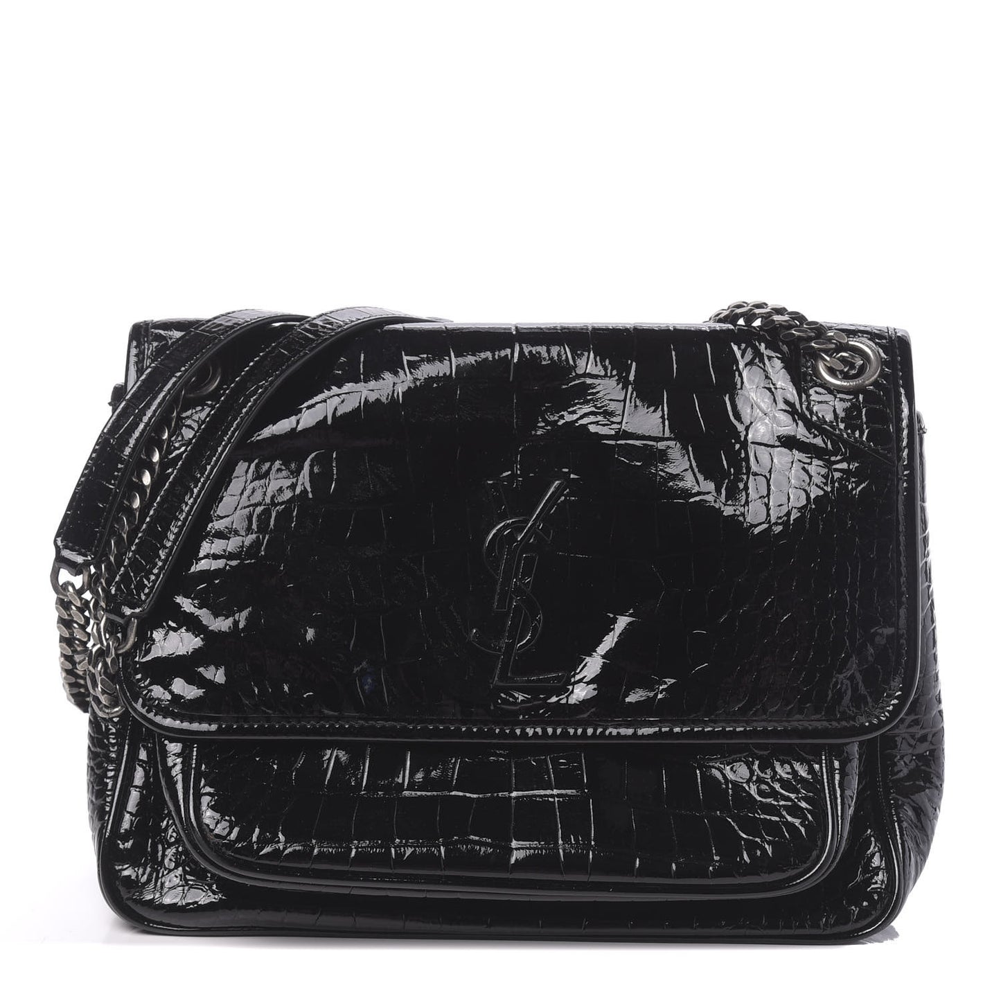 Patent Crocodile Embossed Lambskin Monogram Medium Niki Chain Satchel Black