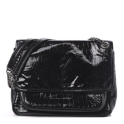 Saint Laurent Patent Crocodile Embossed Lambskin Monogram Medium Niki Chain Satchel Black 1 of 9