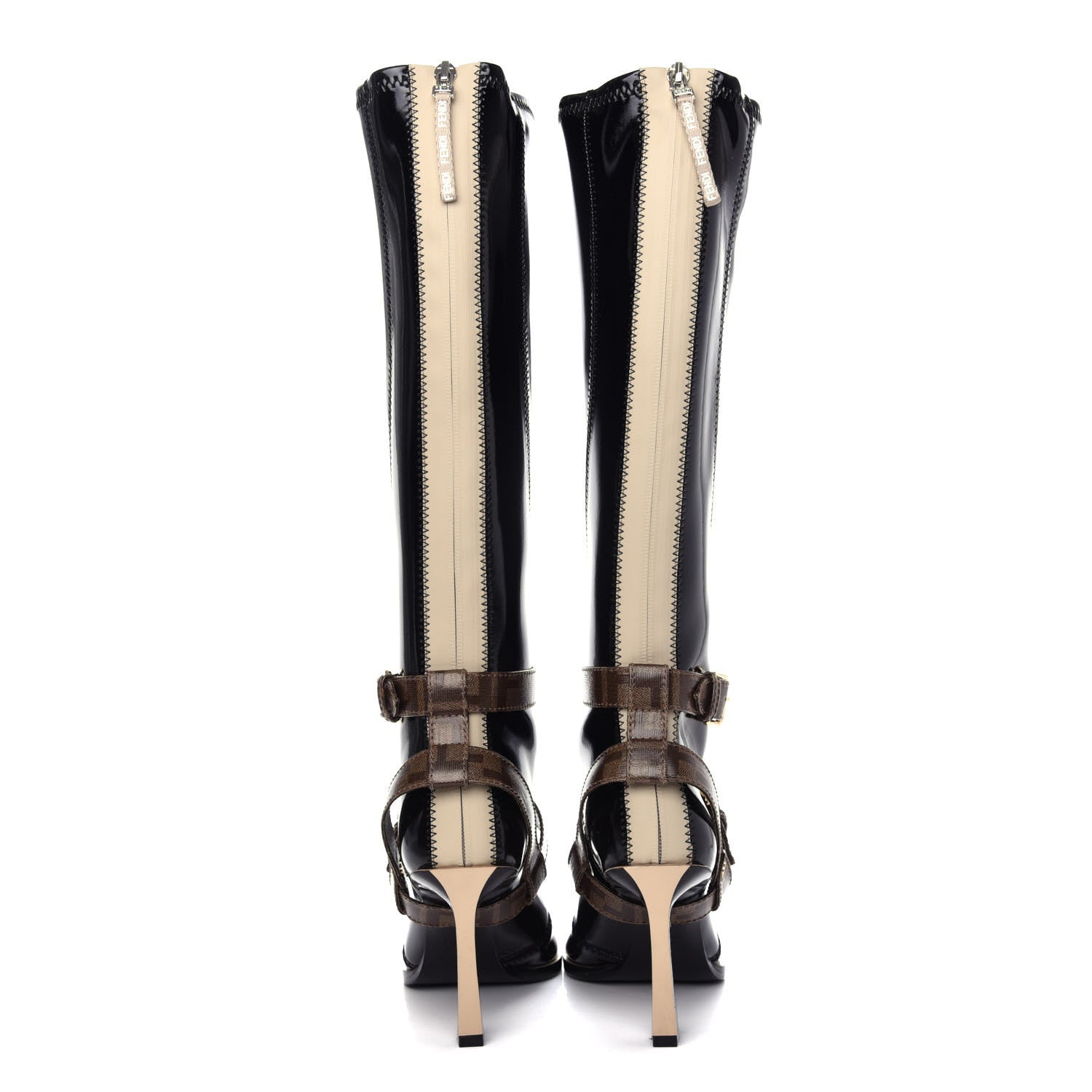 Fendi Glossy Neoprene Glazed Fabric FF FFrame Boots 39 Black Tobacco Moro 7 of 10
