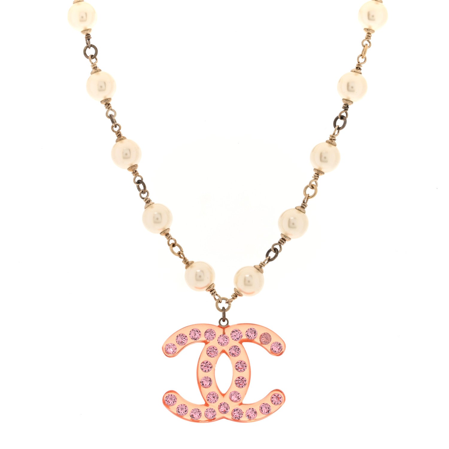 Chanel Pearl Crystal Resin CC Necklace Pink Gold White 1 of 5