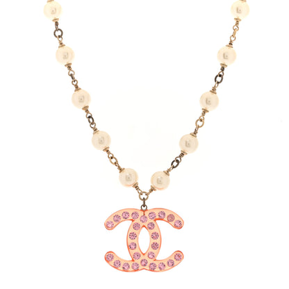 Chanel Pearl Crystal Resin CC Necklace Pink Gold White 1 of 5