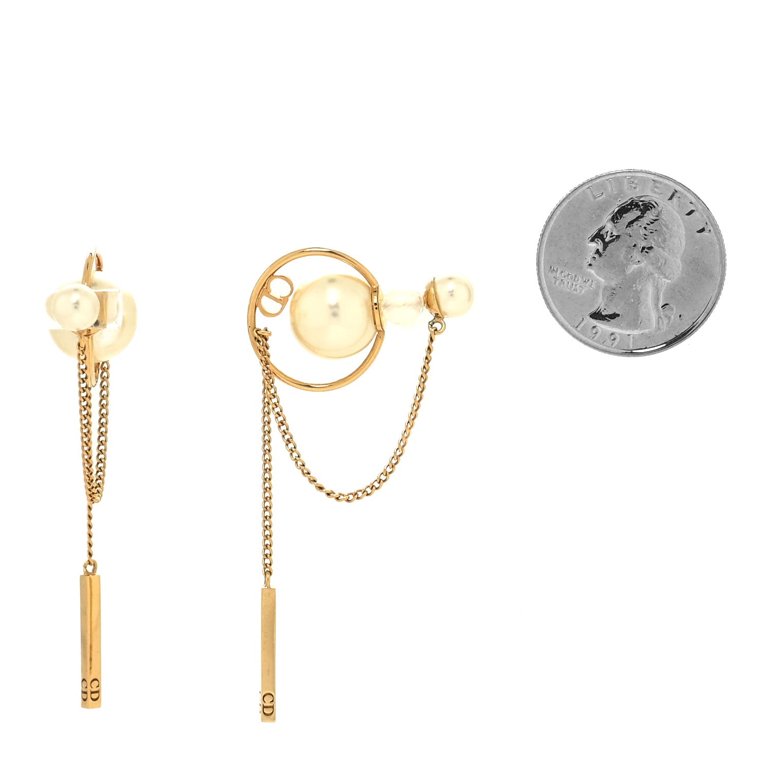 Christian Dior Pearl Tribales Dangle Chain Earrings Gold 2 of 4