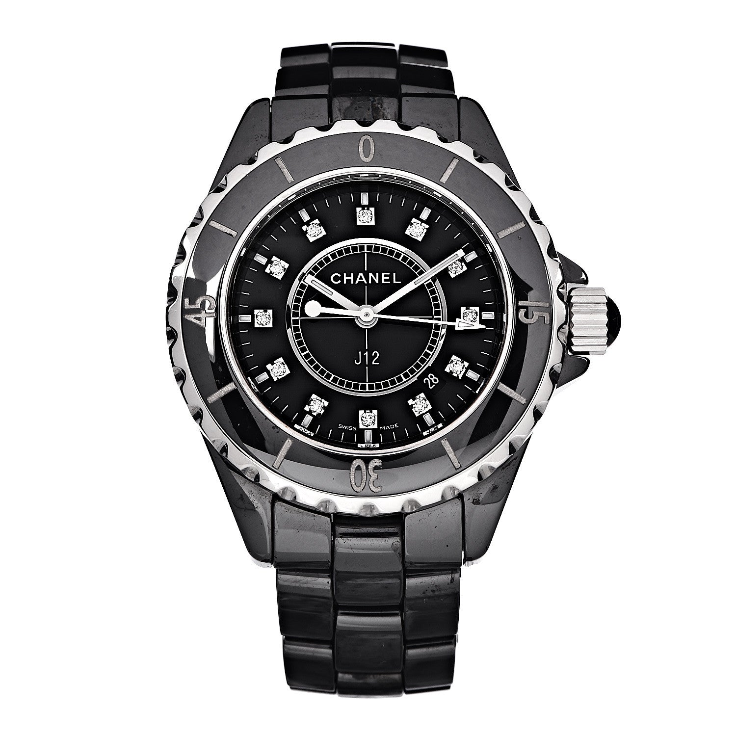 Chanel Stainless Steel Ceramic Diamond 33mm J12 Quartz Watch Black 1 of 6