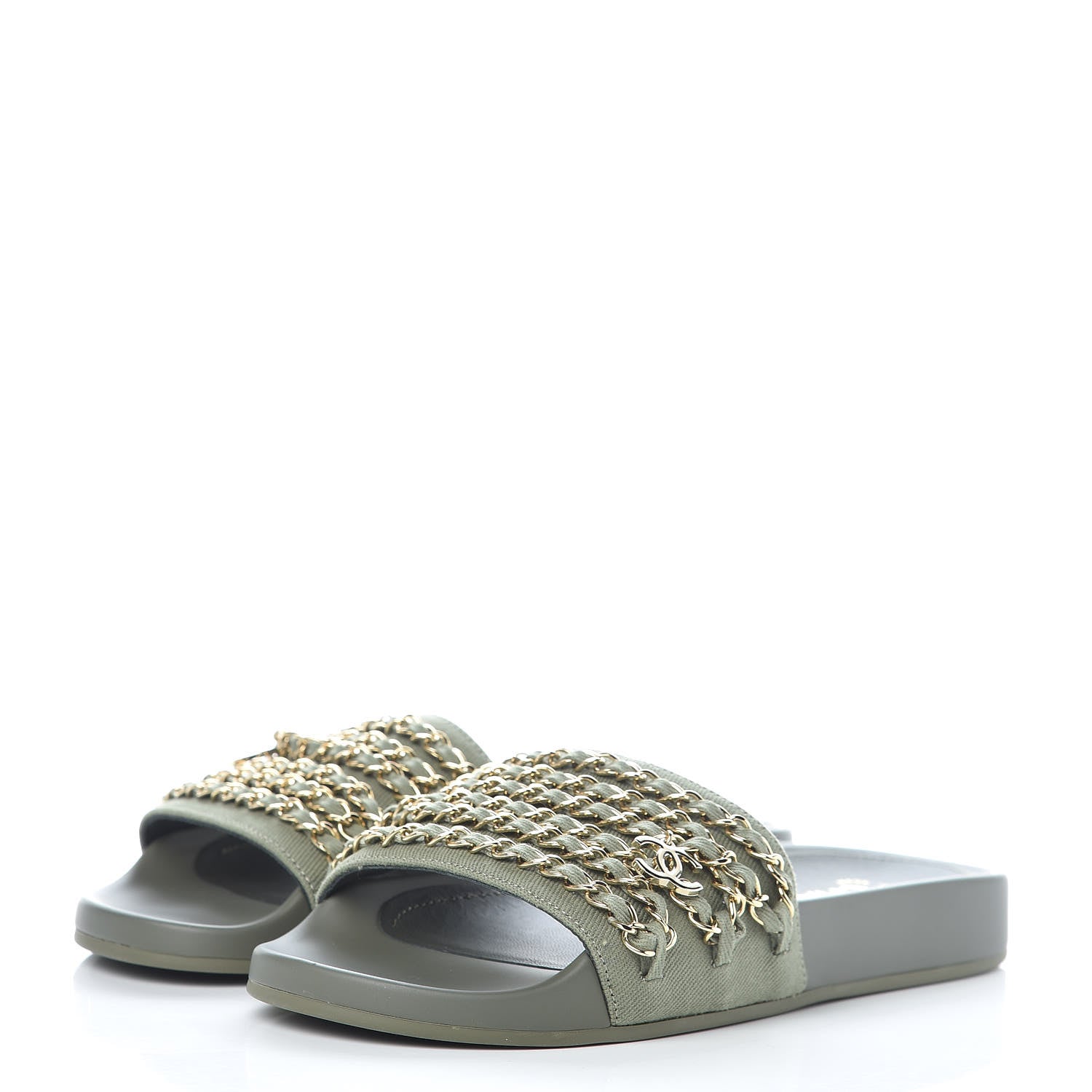 Chanel Canvas Chain Flat Sandals 37 Khaki 3 of 9