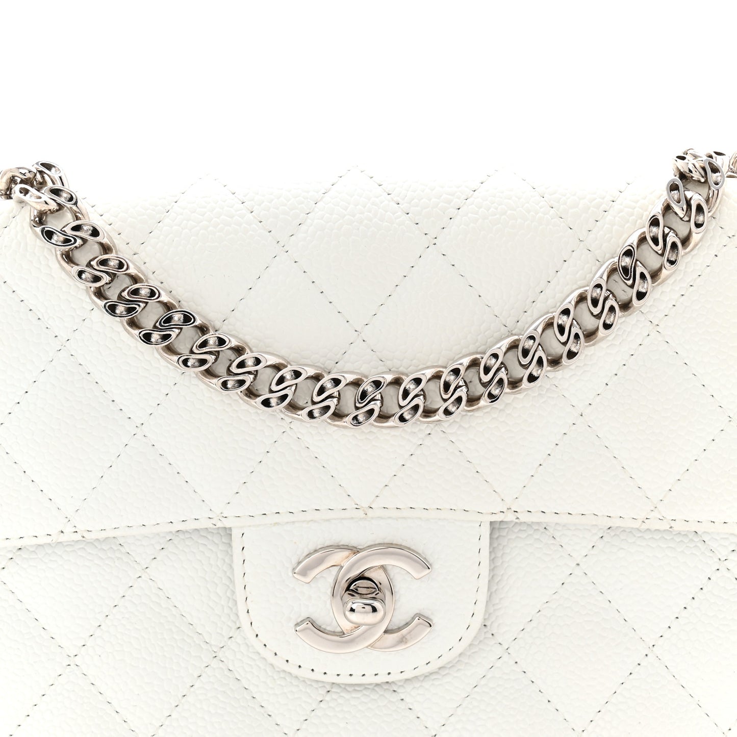 Caviar Quilted East West Flap Bijoux Chain White