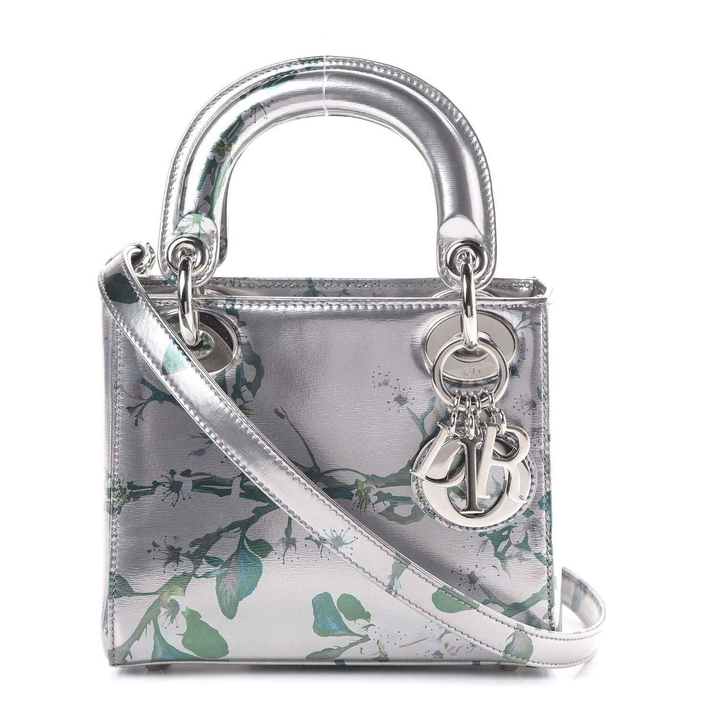 Metallic Calfskin Cherry Blossom Print Mini Lady Dior Silver