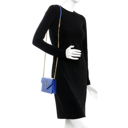 Saint Laurent Grain De Poudre Matelasse Chevron Monogram Envelope Chain Wallet Blue Majorelle 2 of 8