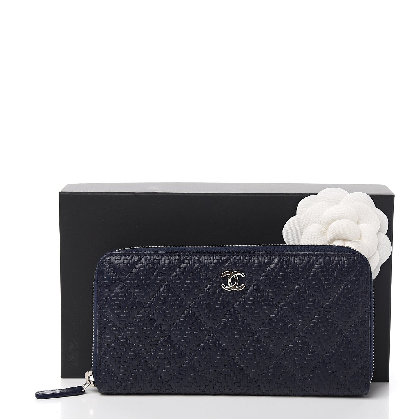 Woven Lambskin Quilted Large Zip Around Wallet Navy