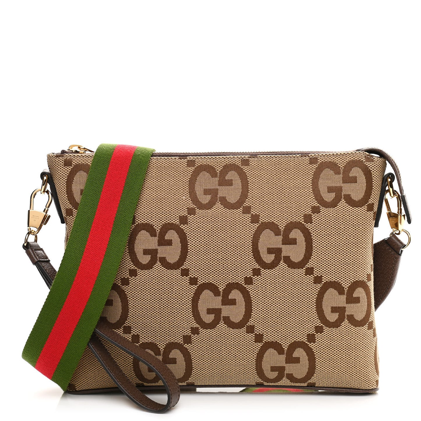 Monogram Jumbo GG Textured Dollar Calfskin Web Wristlet Messenger Bag Camel Ebony New Acero