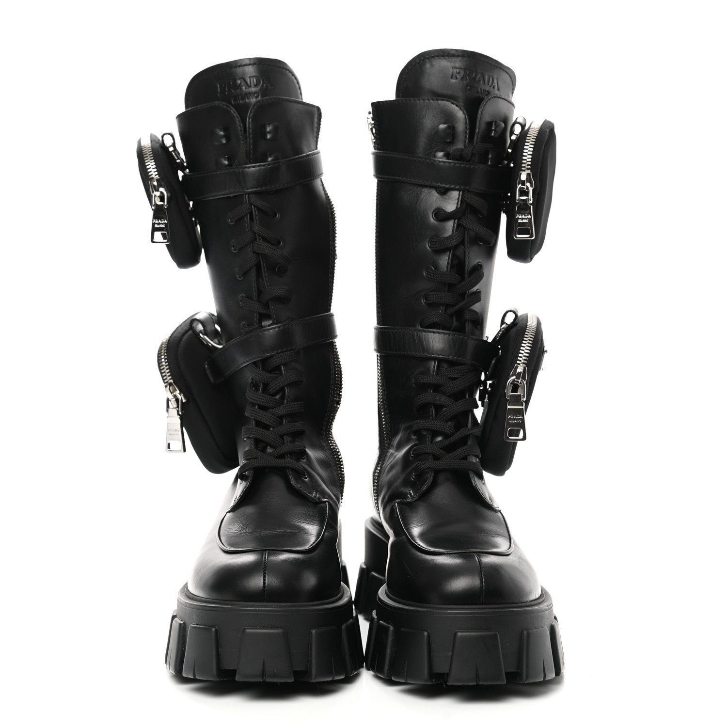 Prada Vitello Lux Nylon Metal Triangle Logo Monolith Pouch Pocket 55mm Tall Combat Boots 41 Black 2 of 11