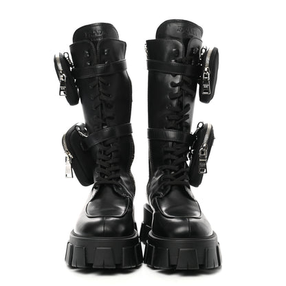 Prada Vitello Lux Nylon Metal Triangle Logo Monolith Pouch Pocket 55mm Tall Combat Boots 41 Black 2 of 11