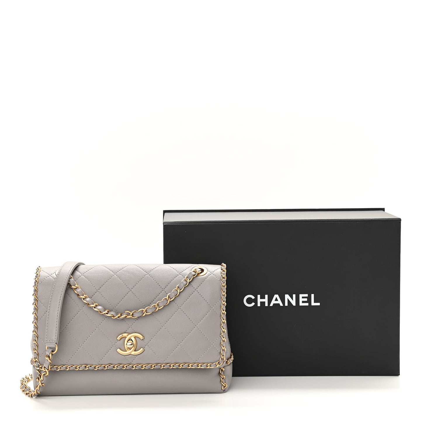 Calfskin Stitched Chain Flap Grey