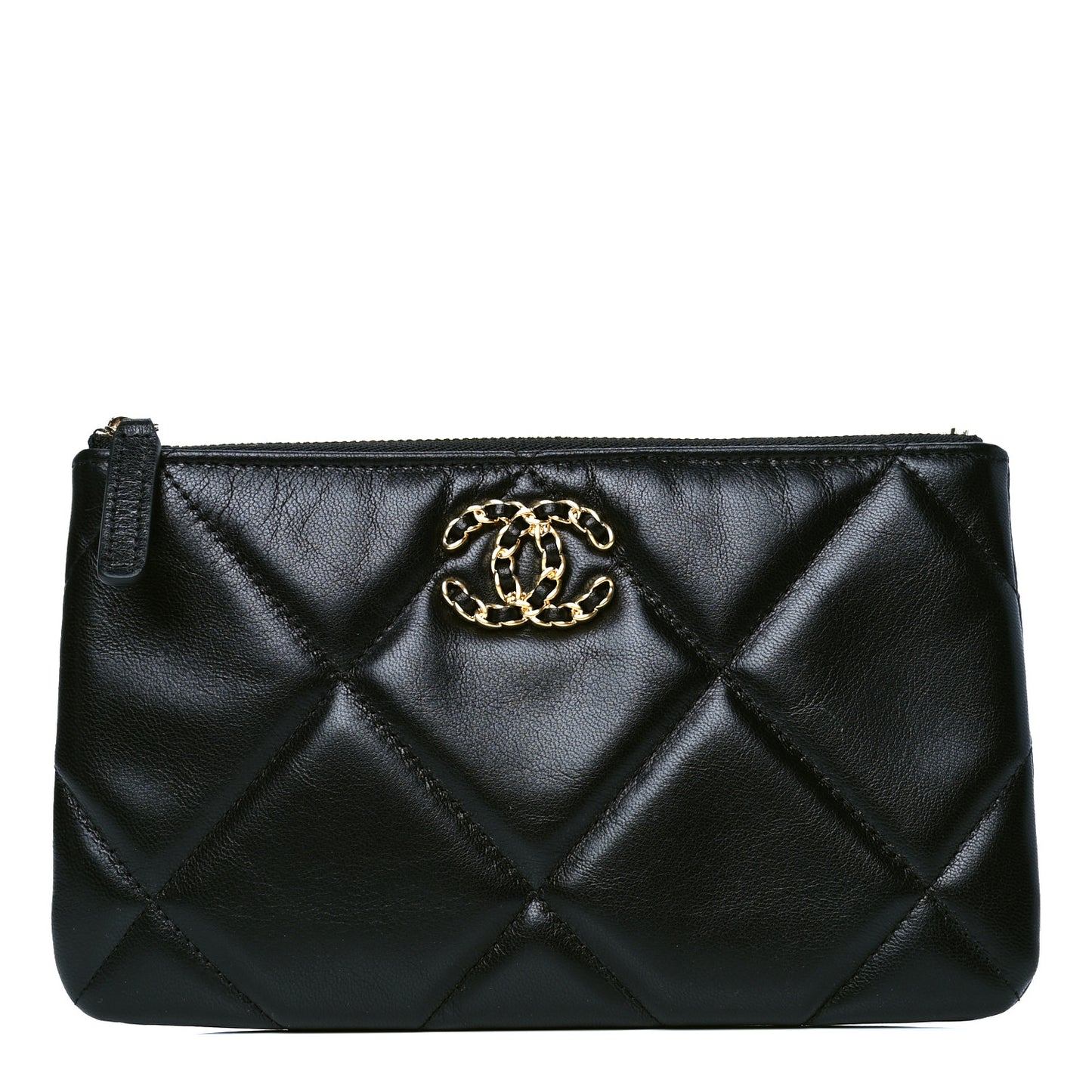 Shiny Goatskin Quilted Small Chanel 19 Pouch Black