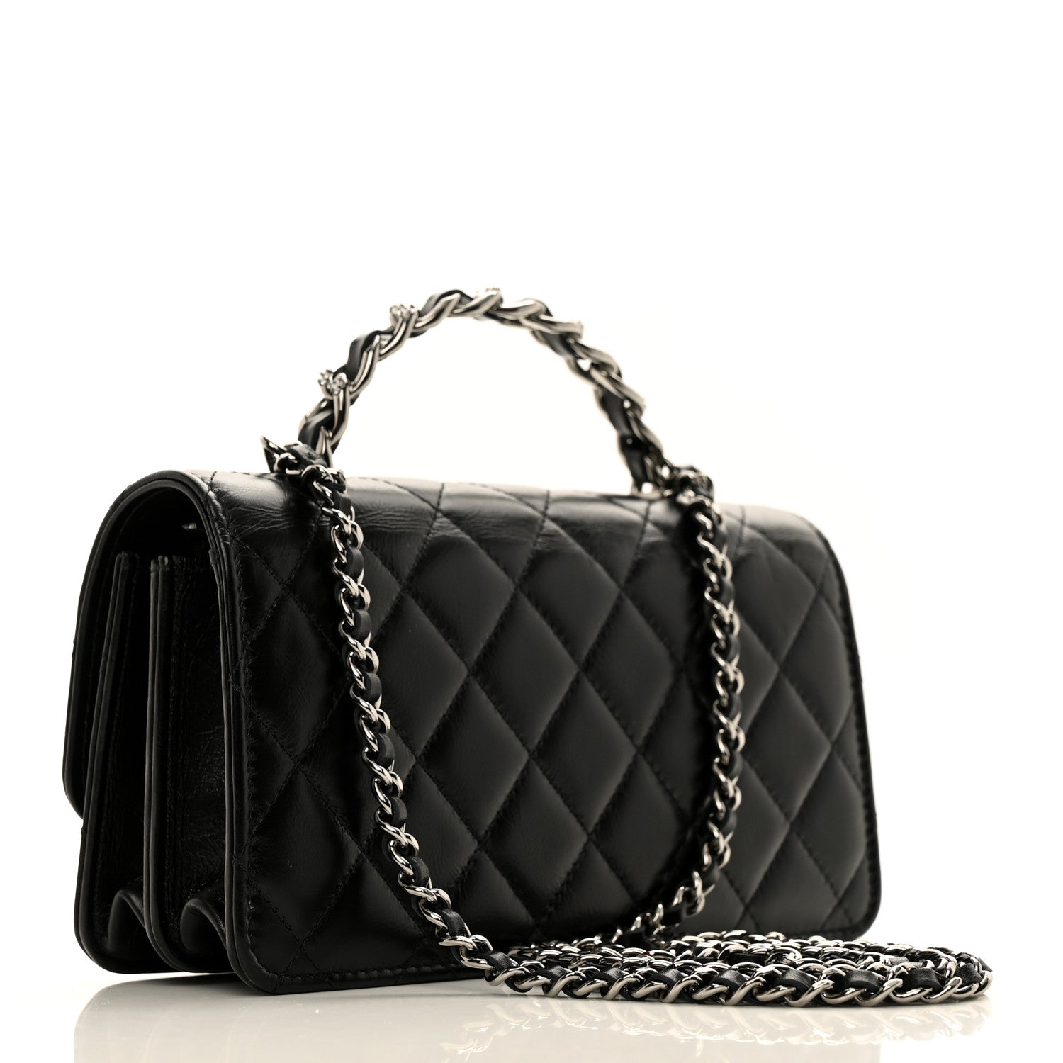 Chanel Shiny Crumpled Calfskin Strass Quilted Top Handle Clutch With Chain Black 2 of 11