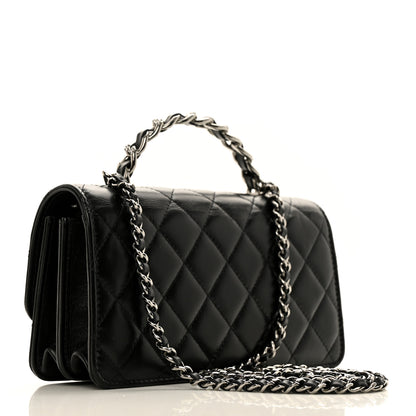 Chanel Shiny Crumpled Calfskin Strass Quilted Top Handle Clutch With Chain Black 2 of 11