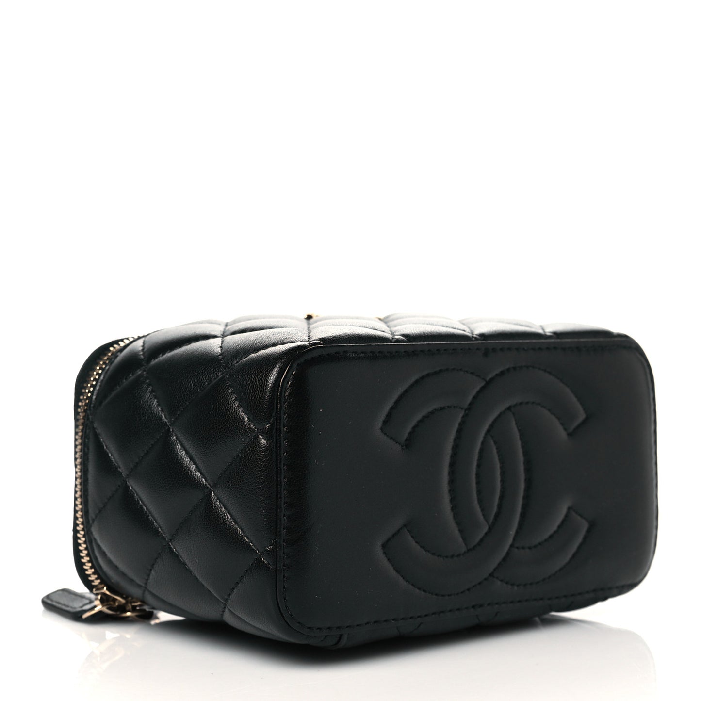 Lambskin Quilted Small Top Handle Vanity Case With Chain Black
