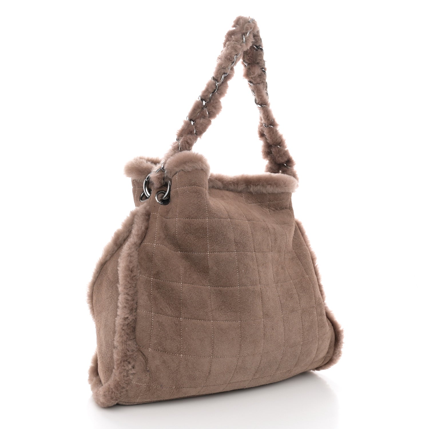 Chanel Shearling Suede Stiched CC Tote Dark Brown 4 of 13