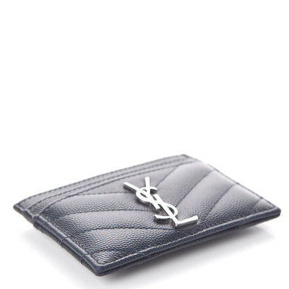 Saint Laurent Grain De Poudre Matelasse Monogram Chevron Credit Card Case Deep Marine 4 of 7