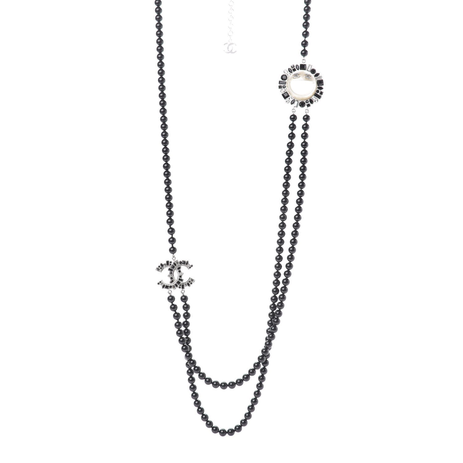 Chanel Bead Crystal Multi Strand CC Smiley Emoji Necklace Silver Black 1 of 6